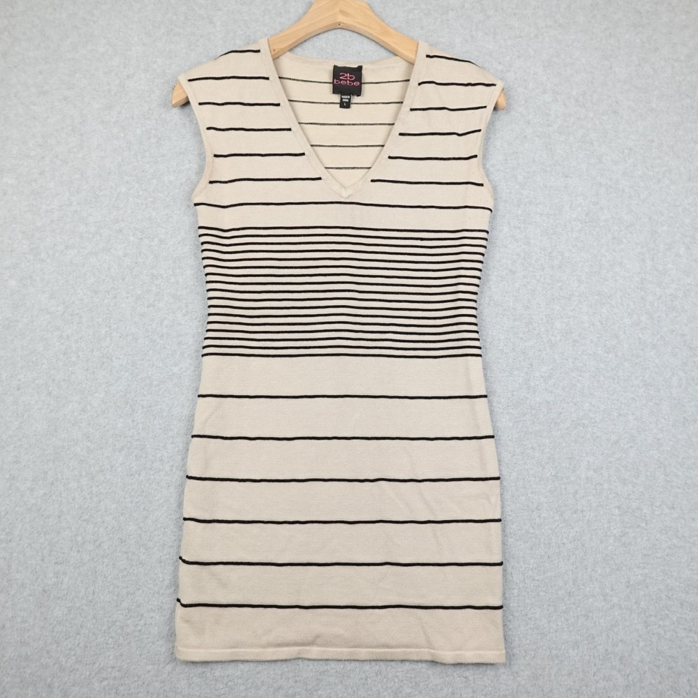 2B Bebe Dress Womens Large Beige Striped Contour Short Sleeveless Casual Stretch